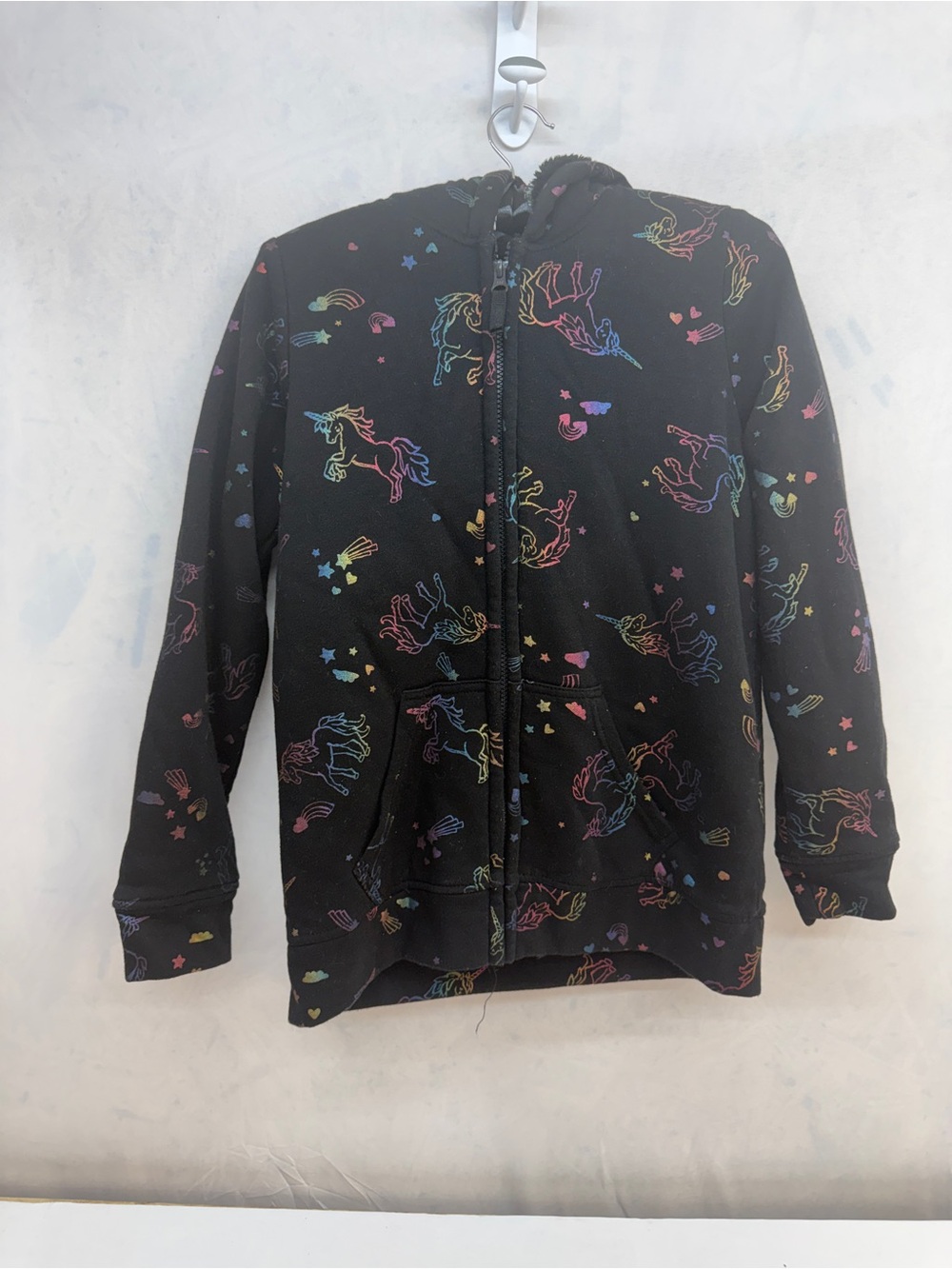 wonder nation Black Zip-Up Hoodie with Multicolor Unicorns